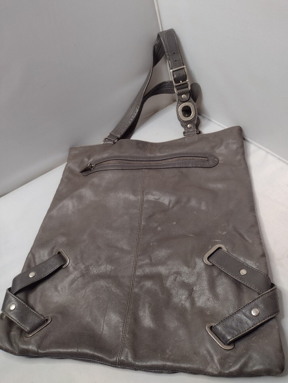 Hobo International Tote Bag Leather Gray Distressed Large Shoulder Zipper U